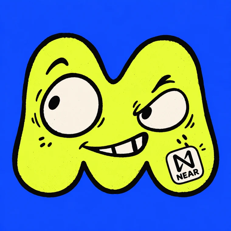 A mischievous yellow M-shaped mascot with a NEAR sticker, on cobalt blue